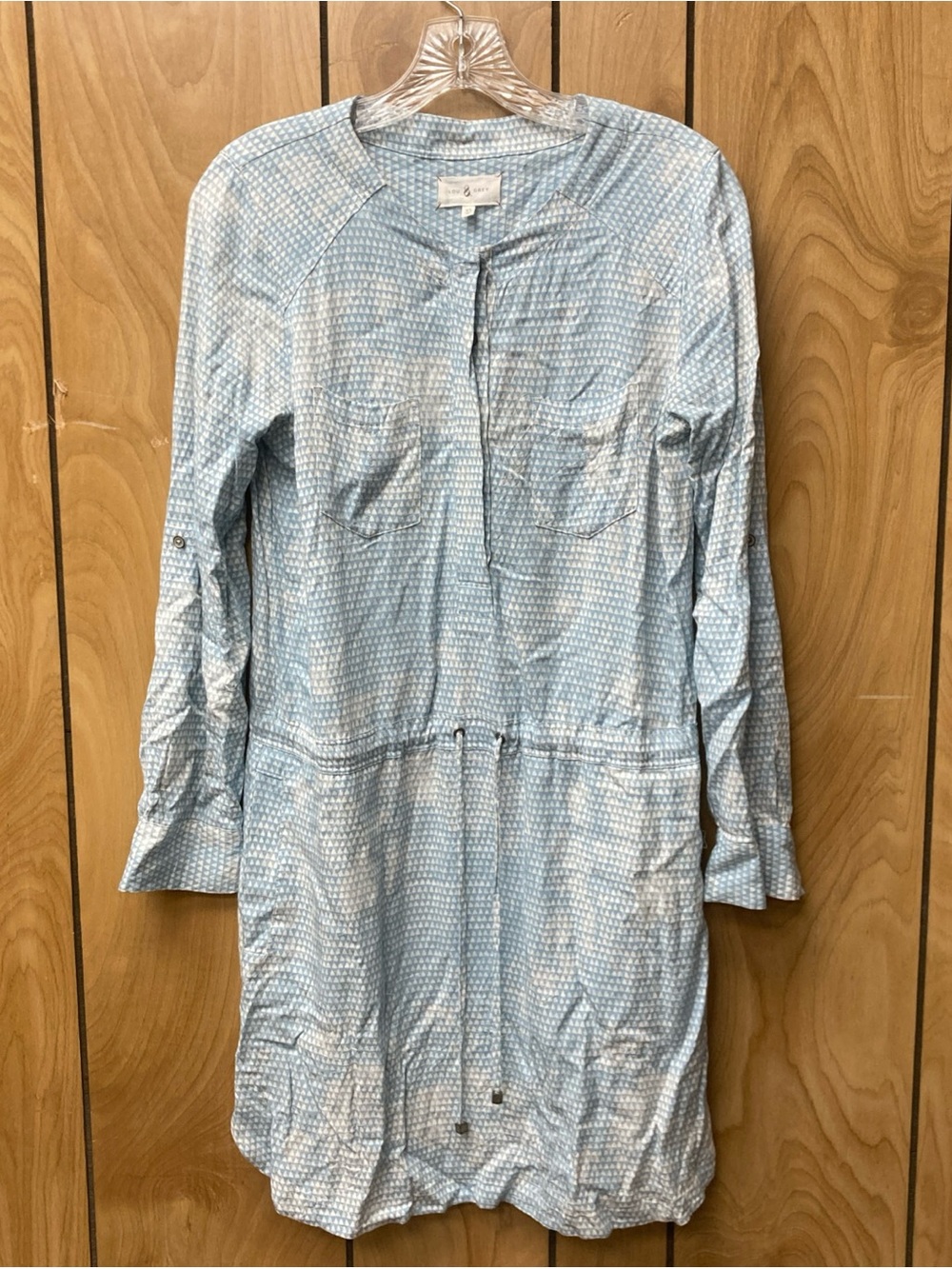 Lou & Grey Blue White Geometric Roll Tab Sleeve Drawsting Waist Dress XS